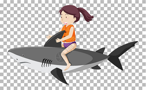 鲨鱼剪贴画女孩骑鲨鱼隔离快乐女性场景卡通片行动享受娱乐海洋喜悦假期设计图片