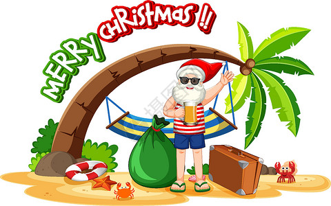 是老人海滩圣诞老人在海滩岛上过夏日圣诞节场景假期海滩标识天气活动冲浪海洋基督风景设计图片