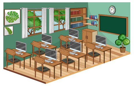 教室装饰带绿色主题家具的教室内部设计图片