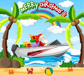 俯视快艇圣诞老人在沙滩上驾驶快艇设计图片