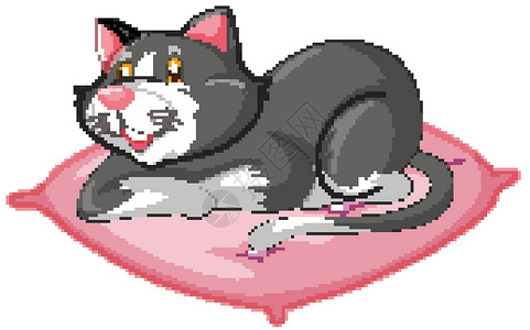 垫子上睡觉猫可爱的灰猫在放置位置卡通人物孤立枕头动物群宠物微笑灰色哺乳动物睡觉卡通片生物动物设计图片