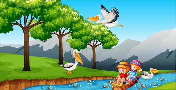 划船的孩子孩子们在溪流森林场景中划船行动森林少年池塘男生动物群插图动物运输液体设计图片