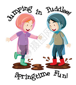 雨衣雨鞋线稿两个孩子在水坑里跳来跳去 春天有趣的文字卡通风格被白色背景隔离设计图片