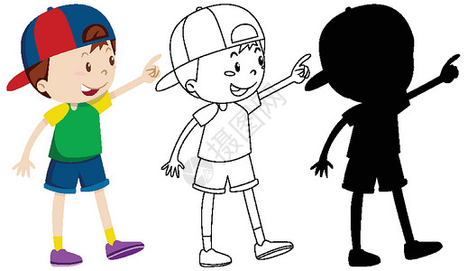 戴棒球帽的男孩可爱的男孩戴着颜色和轮廓和轮廓的帽子设计图片
