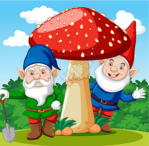 青年劳动浇水在花园背景上站着蘑菇卡通人物的侏儒设计图片