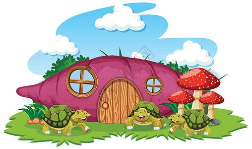 山药芋头白色背景上三只乌龟卡通风格的芋头屋设计图片