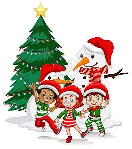 圣诞卡通人物孩子们穿着圣诞服装卡通人物 白色背景上有雪人季节快乐动物衣服基督喜悦派对鼻子孩子卡通片设计图片