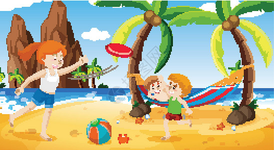 小朋友在海洋球里嬉戏人们在海滩上玩乐的海洋场景孩子们假期卡通片少年男性男生飞盘球形风景环境设计图片