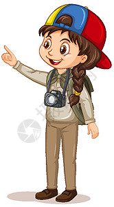 装玉米女孩一个穿着露营装的女孩的卡通人物男性幼儿园行动探险家卡通片童年冒险孩子们活动夹子设计图片