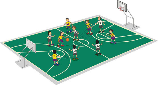 拿篮球男生男孩打篮球男性卡通片法庭球员孩子们享受运动绿色体育场场地设计图片
