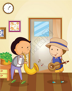 街头艺人演奏音乐学生吉他细绳歌曲孩子房子房间帽子男孩们男性设计图片