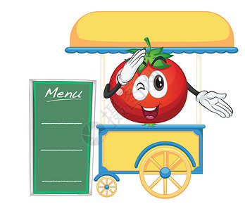 西餐餐盖一个手推车摊位和一个番茄广告聊天木板食物阴影绿色红盖活动框架旅行设计图片