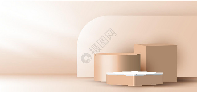 空盒子米色背景上圆形背景层上的 3D 逼真优雅棕色几何圆柱立方体设计图片