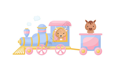 火车孩子可爱的卡通蓝色火车与牦牛司机和马在白色背景的货车上 设计儿童书籍贺卡婴儿送礼会邀请墙装饰 矢量图设计图片