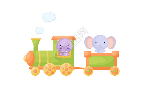 你会火素材可爱的卡通绿色火车与河马司机和大象在白色背景的货车上 设计儿童书籍贺卡婴儿送礼会邀请墙装饰 矢量图设计图片