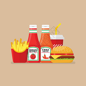 青椒辣酱汉堡炸薯条和汽水加番茄酱辣辣酱设计图片