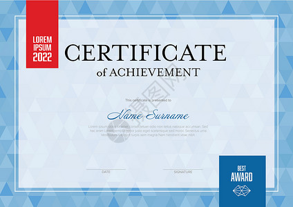 蓝色邮票框架带有蓝色三角形纹理的现代证书模板设计图片