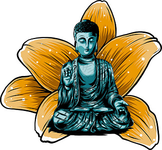 冥想插画佛坐在莲花背景矢量咒语信仰插图雕像宗教光环卡通片文化金子冥想设计图片