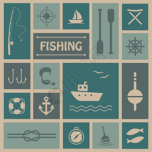 钓鱼工具设置图标fishin工具救生圈绳索航海运动帽子渔夫漂浮罗盘帐篷设计图片