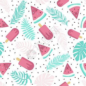 可爱西瓜形象可爱的西瓜和带种子的冰淇淋 背景墙纸海报明信片和封面书的白色背景设计图案 夏季无缝概念设计图片