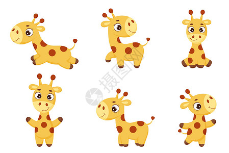 可爱动物壁纸一组可爱的小长颈鹿 姿势各异 有趣的卡通人物印刷卡片婴儿送礼会邀请壁纸装饰 明亮的彩色幼稚股票矢量它制作图案大草原动物快乐明信片设计图片