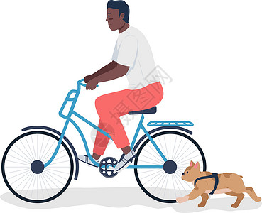 推着自行车走男子骑自行车遛狗半平面彩色矢量特征设计图片