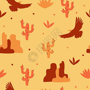 ps飞沙素材沙漠中的飞鹰山和仙人掌 无缝模式设计图片