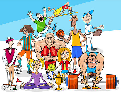 卡通杠铃体育学科和卡通人物组设计图片