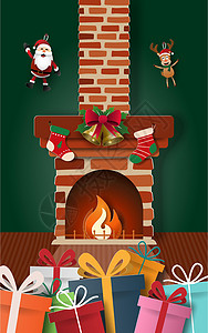 家里的壁炉和圣诞老人礼物的纸艺圣诞快乐和新年快乐高清图片