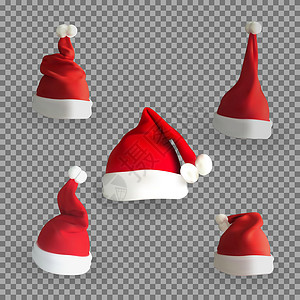 透明蒙版透明背景上的一组自然主义 3D 版圣诞老人帽子 它制作图案矢量毛皮衣服卡通片季节性传统戏服季节红色插图派对设计图片