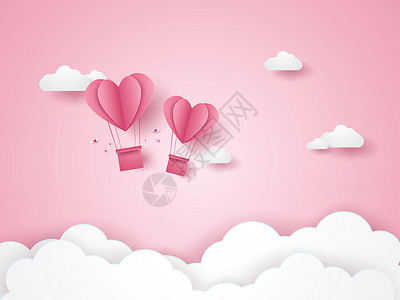 吹落情人节插画手绘粉红心形热气球飞翔在粉红色的天空纸艺术万花筒设计图片