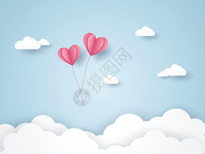 折纸风格气球情人节插画手绘粉色心形气球在蓝天飞翔纸艺文稿设计图片