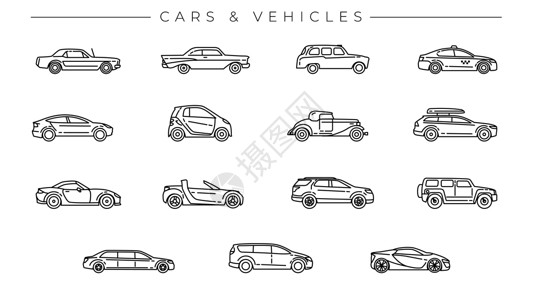 类型图标汽车和车辆概念线样式矢量图标集车皮楷模越野车运输出租车乘客越野轿车两人信息设计图片
