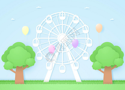飞行者摩天轮摩天轮和树与五颜六色的气球艺术风格设计图片