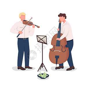 击鼓演奏声音小提琴手和大提琴手演奏半平面彩色矢量字符设计图片