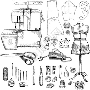 手绘捣药器手绘素描缝纫机插图裁缝软垫穿线器按钮工具顶针工作艺术剪刀设计图片