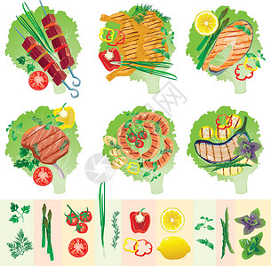 法兰克福肠一套烤肉和蔬菜设计图片