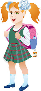 小背包零钱包白色背景中背着背包的女学生青少年卡通片插图教育人物女性绘画班级学校学生设计图片