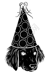 戴着铃铛的狗节日海报 戴着派对帽的小猎犬 矢量图娱乐宠物卡片生日纪念日小狗帽子乐趣草图标识设计图片