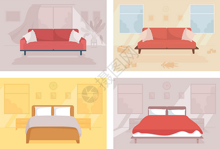 家具斜放素材它制作图案的家庭住宅平面颜色矢量设计图片