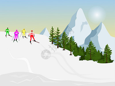 松树上的雪一群人在雪坡上滑雪 背景是松树和山脉设计图片