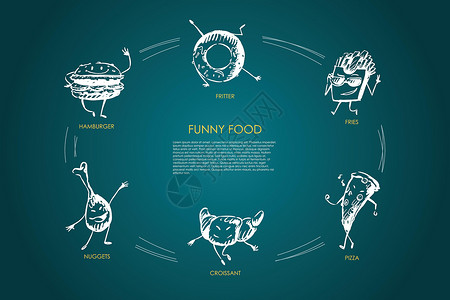 大饼油条有趣的食物汉堡鸡块羊角面包比萨弗里特矢量概念 se美食盘子饼子团体油炸草图掘金汉堡油条小吃设计图片