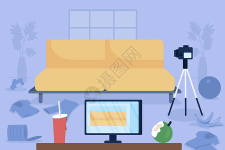 凌乱的 vlogger 客厅平面颜色矢量它制作图案设计图片