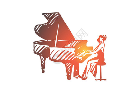 音乐会女孩钢琴古典音乐家女性表演理念 手绘孤立的矢量女孩艺术钢琴家插图爵士乐歌手喜悦裙子娱乐天后设计图片