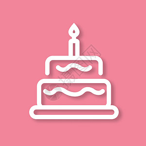 吹生日蜡烛粉红背景上的生日蛋糕图标 带有阴影的数字纸面艺术概念 大纲图标设计图片