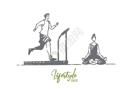 体式概念 手绘孤立的矢量运动草图身体娱乐平衡女士重量健身房活动有氧运动设计图片