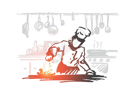 厨师制作烹饪厨师食品概念 手绘孤立的矢量男人咖啡店工作用餐盘子帽子餐饮炊具草图职业设计图片