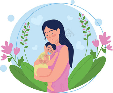 抱着花朵年轻母亲与婴儿平面概念矢量图制作图案设计图片