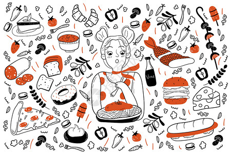 肉松饼字体食品涂鸦系列沙拉萝卜菜单绘画插图洋葱黄瓜胡椒食物面包设计图片