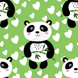 吃竹子的熊猫与可爱的熊猫宝宝在彩色背景上的无缝模式 有趣的亚洲动物 孩子们的明信片 织物纺织品墙纸海报礼品包装纸的平面矢量图假期竹子宠物土著设计图片